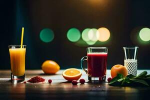 ein Tabelle mit ein Glas von Saft und Orangen. KI-generiert foto