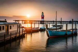 Boote angedockt beim das Seebrücke beim Sonnenuntergang. KI-generiert foto