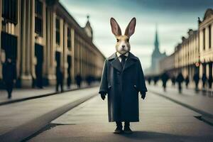 ein Hase tragen ein Mantel und Krawatte Stehen im das Mitte von ein Stadt Straße. KI-generiert foto