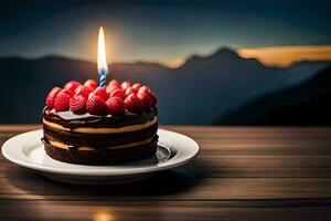 ein Schokolade Kuchen mit Himbeeren auf oben. KI-generiert foto