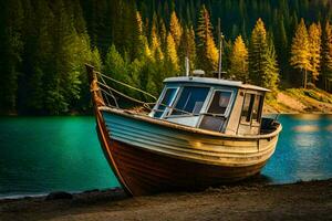 ein Boot sitzt auf das Ufer von ein See. KI-generiert foto