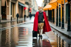 ein Katze im ein rot Mantel Gehen Nieder ein Straße. KI-generiert foto