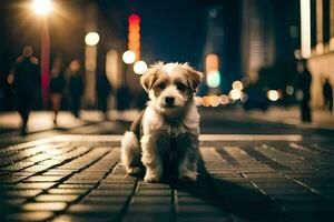 ein klein Hund Sitzung auf das Straße beim Nacht. KI-generiert foto