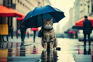 ein Katze ist Stehen im das Regen mit ein Regenschirm. KI-generiert foto