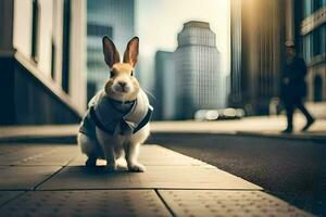 ein Hase tragen ein passen und Krawatte auf das Straße. KI-generiert foto