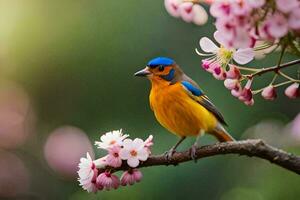 ein Blau und Orange Vogel sitzt auf ein Ast mit Rosa Blumen. KI-generiert foto