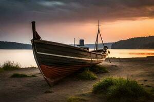 ein Boot auf das Ufer beim Sonnenuntergang. KI-generiert foto