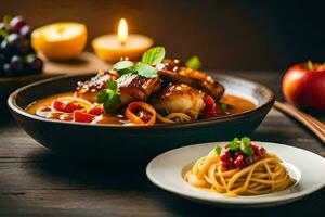 ein Schüssel von Spaghetti mit Fleisch und Gemüse auf ein Tisch. KI-generiert foto