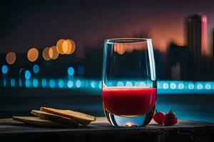 ein Glas von Saft mit ein Scheibe von Brot und ein Stadt Horizont im das Hintergrund. KI-generiert foto