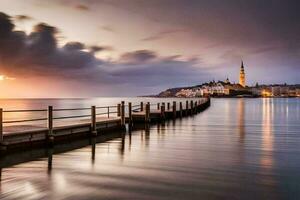 ein Seebrücke im das Wasser beim Sonnenuntergang mit ein Kirche im das Hintergrund. KI-generiert foto