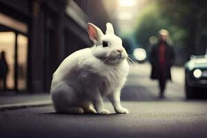 ein Weiß Hase ist Sitzung auf das Straße. KI-generiert foto