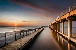 ein lange Seebrücke mit ein Sonnenuntergang im das Hintergrund. KI-generiert foto