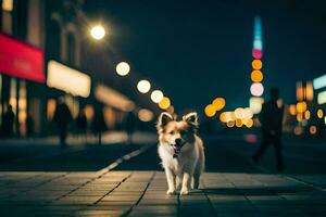 ein Hund Gehen auf ein Stadt Straße beim Nacht. KI-generiert foto