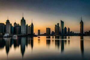 das Stadt Horizont ist reflektiert im das Wasser beim Sonnenuntergang. KI-generiert foto