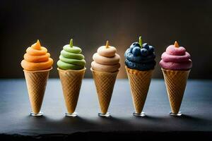 fünf Eis Sahne Zapfen mit anders farbig Beläge. KI-generiert foto
