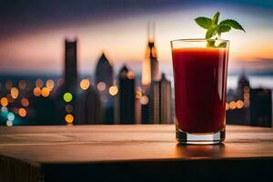 ein Glas von Saft mit ein Stadt Horizont im das Hintergrund. KI-generiert foto