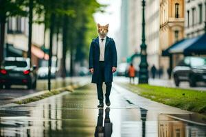 ein Mann im ein passen und Krawatte Gehen Nieder ein Straße im das Regen. KI-generiert foto