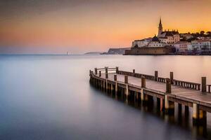 ein Seebrücke im das Wasser mit ein Kirche im das Hintergrund. KI-generiert foto