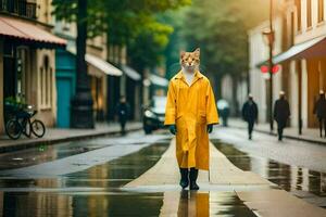ein Katze tragen ein Gelb Regenjacke ist Gehen Nieder ein Straße. KI-generiert foto