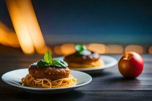 zwei Platten mit Spaghetti und Fleischklößchen auf ein Tisch. KI-generiert foto