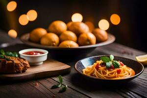 Spaghetti und Fleischklößchen auf ein hölzern Tisch. KI-generiert foto