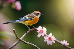 ein klein Vogel ist thront auf ein Ast mit Rosa Blumen. KI-generiert foto