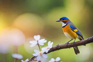 ein Vogel sitzt auf ein Ast mit Blumen im das Hintergrund. KI-generiert foto