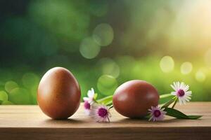 zwei braun Eier auf ein hölzern Tabelle mit Blumen. KI-generiert foto