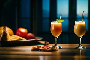 zwei Brille von Saft und Brot auf ein Tisch. KI-generiert foto