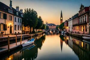 ein Kanal im ein Stadt beim Sonnenuntergang mit Boote und Gebäude. KI-generiert foto