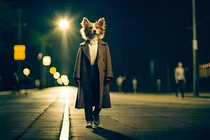 ein Hund tragen ein Mantel und Krawatte Gehen Nieder ein Straße beim Nacht. KI-generiert foto