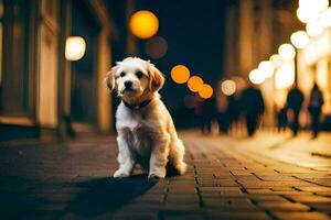 ein Hund Sitzung auf das Bürgersteig beim Nacht. KI-generiert foto