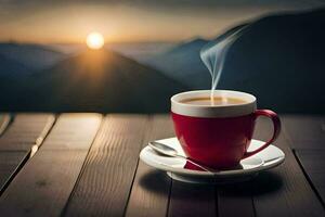 ein Tasse von Kaffee auf ein hölzern Tabelle mit Berge im das Hintergrund. KI-generiert foto