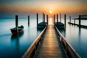 ein Seebrücke mit Boote beim Sonnenuntergang. KI-generiert foto