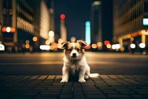 ein Hund Sitzung auf das Straße beim Nacht. KI-generiert foto