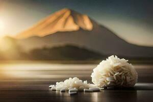 das Reis Ball ist im Vorderseite von das Berg. KI-generiert foto