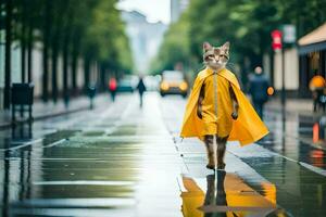 ein Katze im ein Gelb Regenjacke Gehen Nieder ein Straße. KI-generiert foto