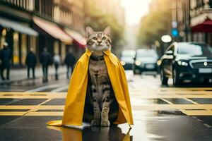 ein Katze tragen ein Gelb Regenjacke auf das Straße. KI-generiert foto