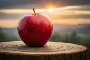 ein Apfel sitzt auf oben von ein Stumpf. KI-generiert foto
