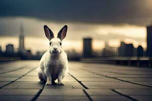 ein Hase Sitzung auf ein Backstein Gehweg im Vorderseite von ein Stadt Horizont. KI-generiert foto