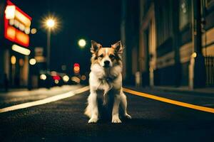 ein Hund Sitzung auf das Straße beim Nacht. KI-generiert foto