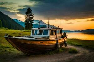 ein Boot sitzt auf das Ufer von ein See beim Sonnenuntergang. KI-generiert foto