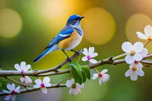 ein Blau und Weiß Vogel ist thront auf ein Ast mit Blumen. KI-generiert foto