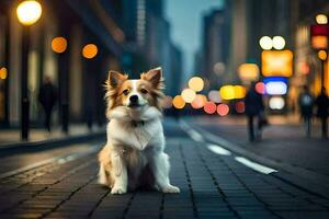 ein Hund Sitzung auf das Straße beim Nacht. KI-generiert foto