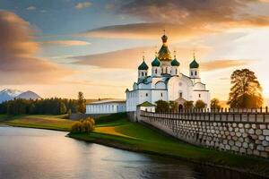 das Russisch Kirche im das Sonne. KI-generiert foto