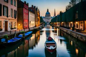 ein Kanal im das Mitte von ein Stadt mit Boote. KI-generiert foto