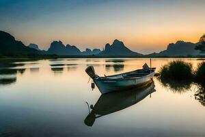 ein Boot sitzt auf das Wasser beim Sonnenuntergang mit Berge im das Hintergrund. KI-generiert foto