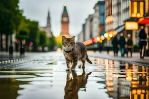 ein Katze Gehen über ein nass Straße beim Nacht. KI-generiert foto