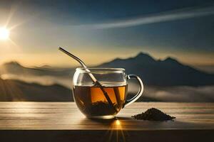 ein Tasse von Tee auf ein hölzern Tabelle mit Berge im das Hintergrund. KI-generiert foto