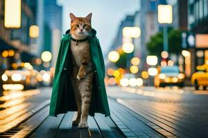 ein Katze tragen ein Grün Mantel Gehen Nieder ein Straße. KI-generiert foto